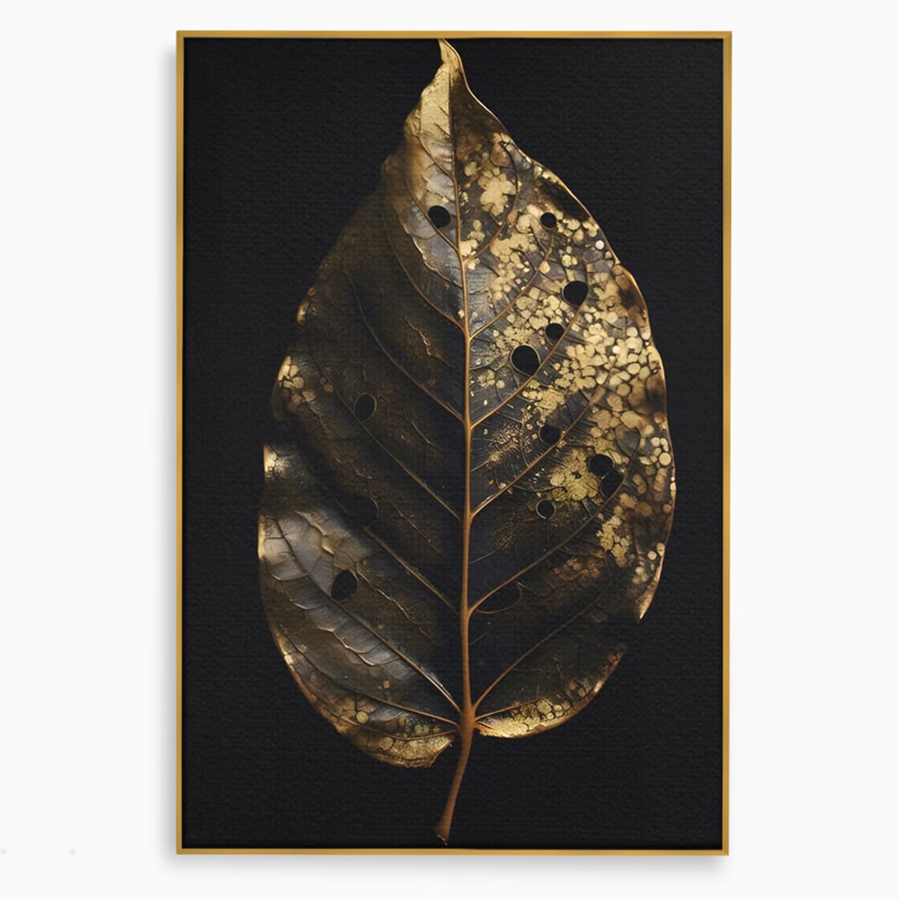 Tablou canvas cu tablou canvas cu frunza aurie pe fundal negru, in rama de aluminiu auriu